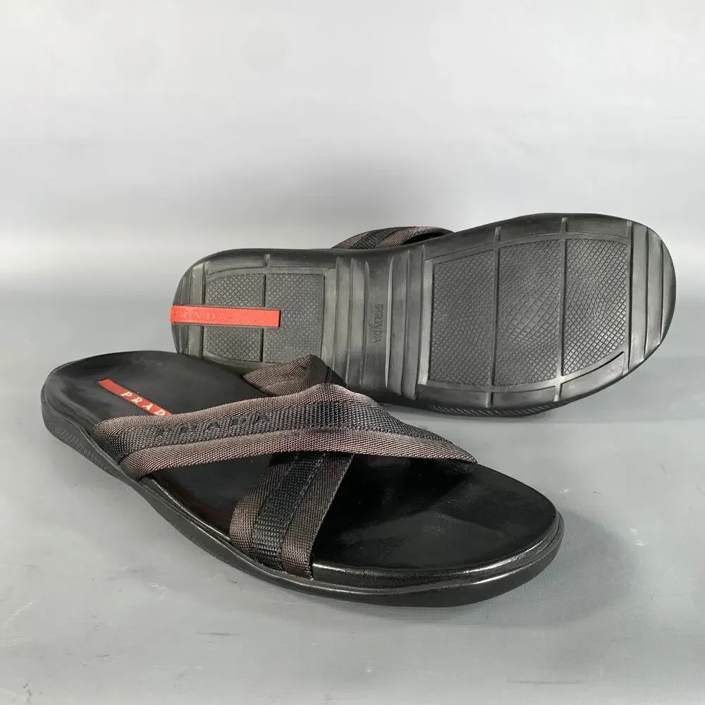 PRADA Size 10 Black Mixed Fabrics Leather Canvas Flip flops Sandals